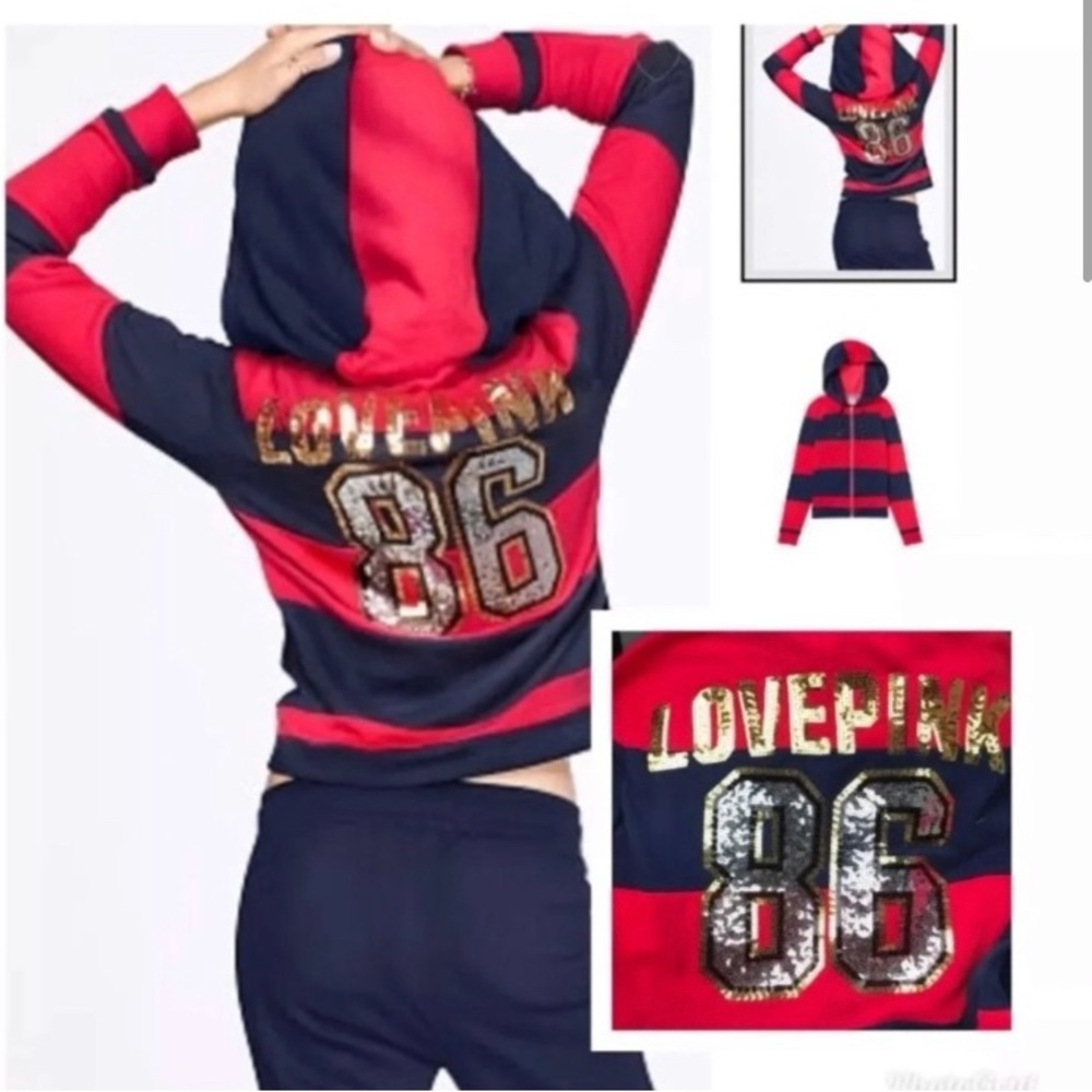 PINK VS STRIPE RED/ BLUE 86 BLING HOODIE L - Picture 1 of 5